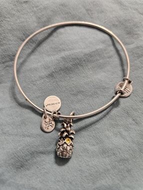 Alex and Ani Silver Pineapple Charm Bangle with Yellow Crystal